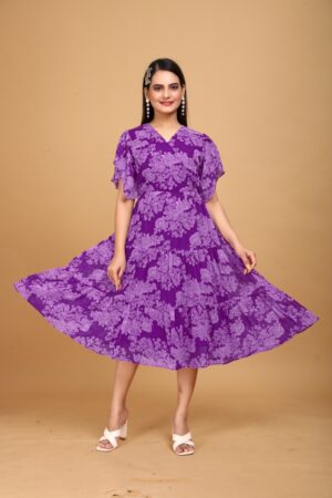 Purple Floral V-Neck Dress For Girls