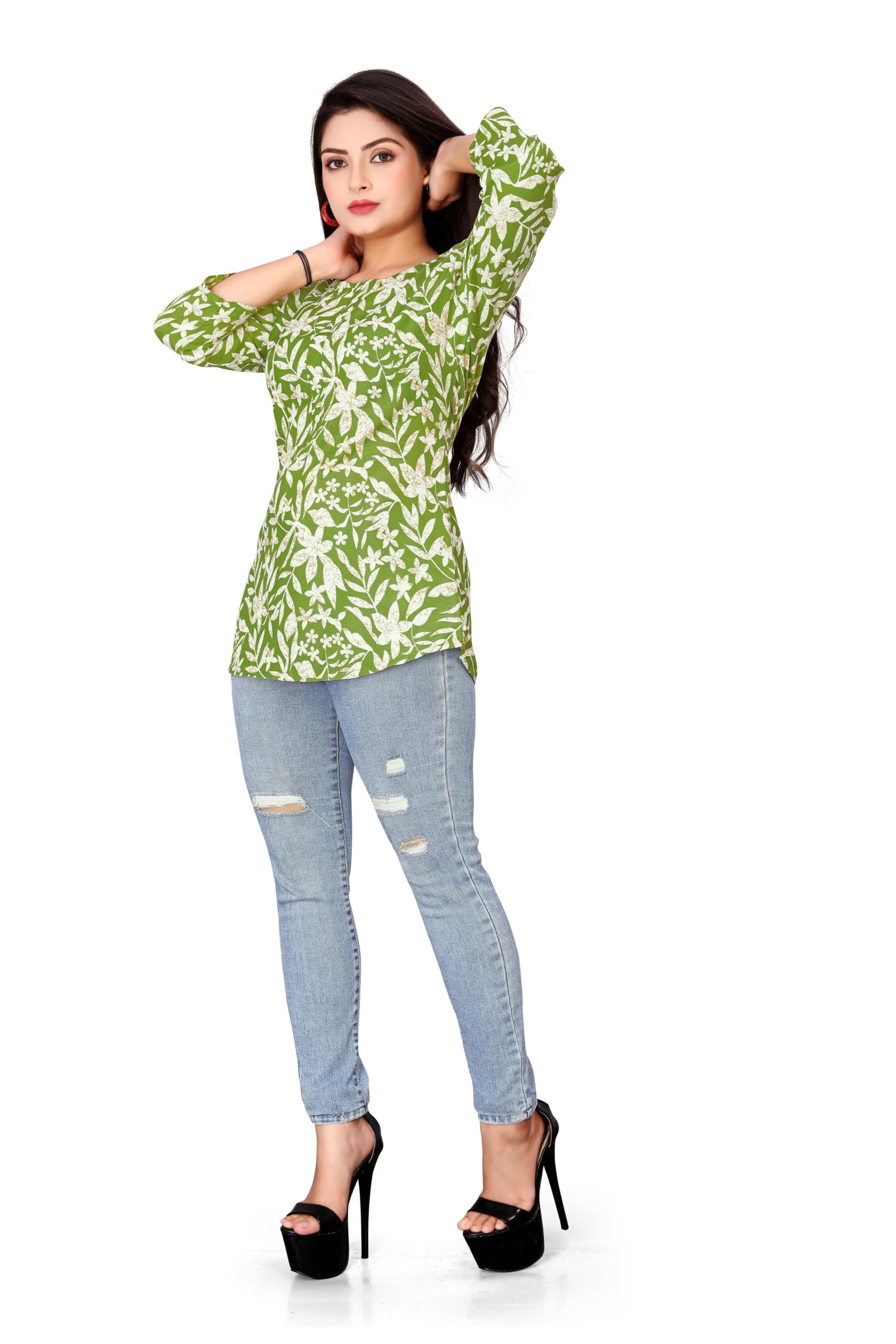 Stylish Green Rayon Top with White Floral Print for Women