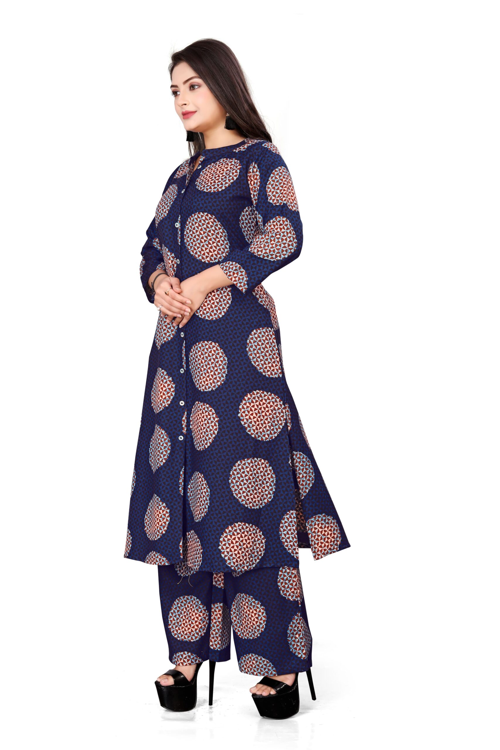 Navy Blue Long Kurta with Pants For Women